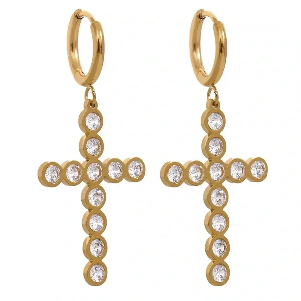 Crystal Cross 18K Gold Stainless Steel Waterproof Earrings - Picture 1 of 5